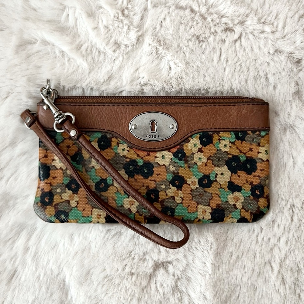 FOSSIL Key Per floral print and brown leather wristlet